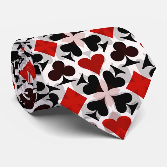 Red, Black & White Playing Card Symbols Pattern Tie (Rolled)
