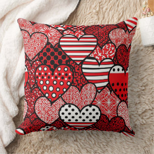 Red Black White Polka Dot Heart Valentine Cushion