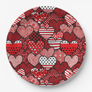 Red Black White Polka Dot Heart Valentine Paper Plate