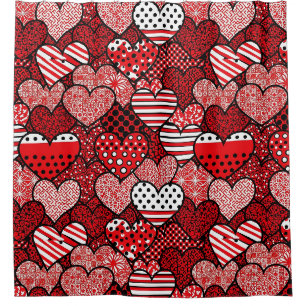 Red Black White Polka Dot Heart Valentine Shower Curtain