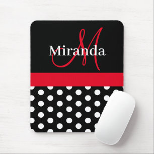 Red Black White Polka Dot Monogram Mouse Mat