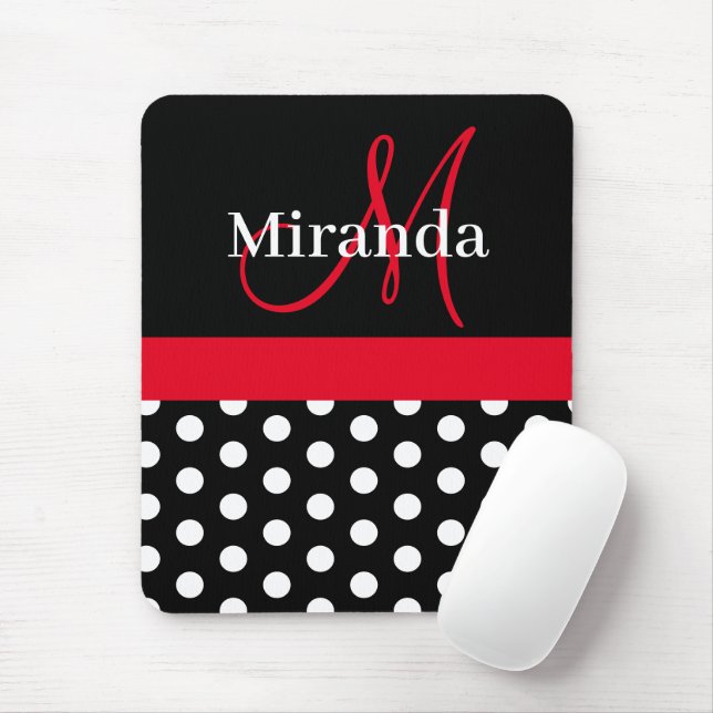 Red Black White Polka Dot Monogram Mouse Mat (With Mouse)