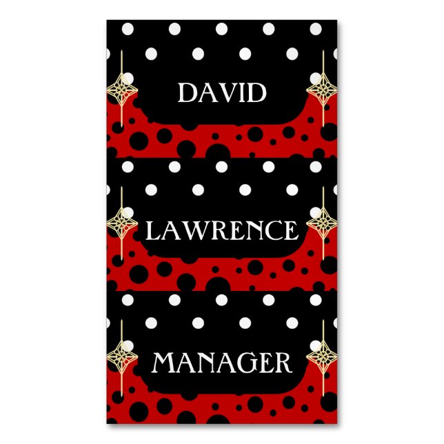 RED BLACK WHITE POLKA DOTS MODERN TRENDY MANAGER 	Magnetic BUSINESS CARD (Front Vertical)
