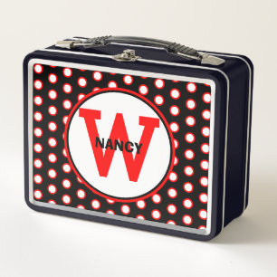 Red Black White Polka Dots NAME Metal Lunch Box
