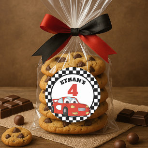 Red Black White Race Car 4th Birthday Party Classic Round Sticker
