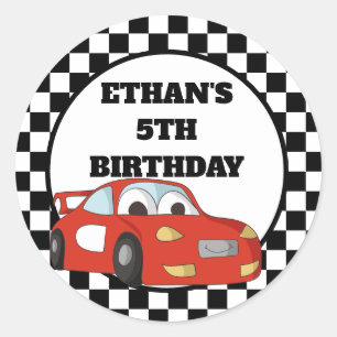 Red Black White Race Car Birthday Party Classic Round Sticker