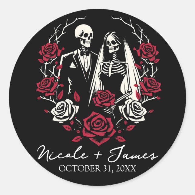 Red & Black White Roses Skeleton Couple Wedding  Classic Round Sticker (Front)