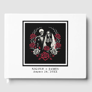 Red & Black White Roses Skeleton Couple Wedding  Guest Book