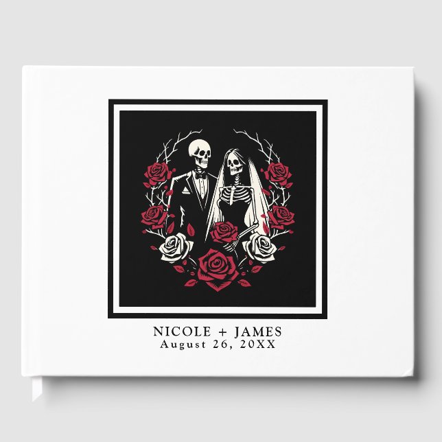 Red & Black White Roses Skeleton Couple Wedding  Guest Book (Front)