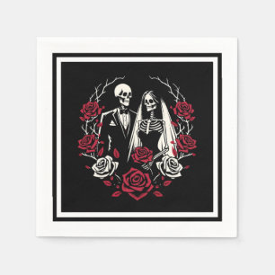 Red & Black White Roses Skeleton Couple Wedding  Napkin