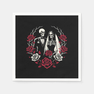 Red & Black White Roses Skeleton Couple Wedding  Napkin