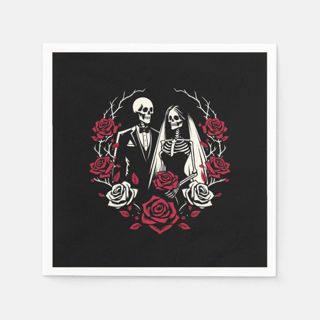 Red & Black White Roses Skeleton Couple Wedding  Napkin (Front)