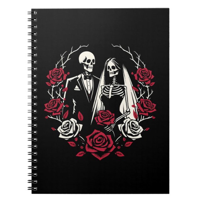 Red & Black White Roses Skeleton Couple Wedding  Notebook (Front)