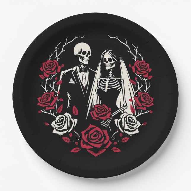 Red & Black White Roses Skeleton Couple Wedding  Paper Plate (Front)