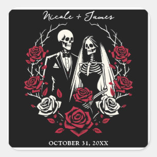 Red & Black White Roses Skeleton Couple Wedding Square Sticker