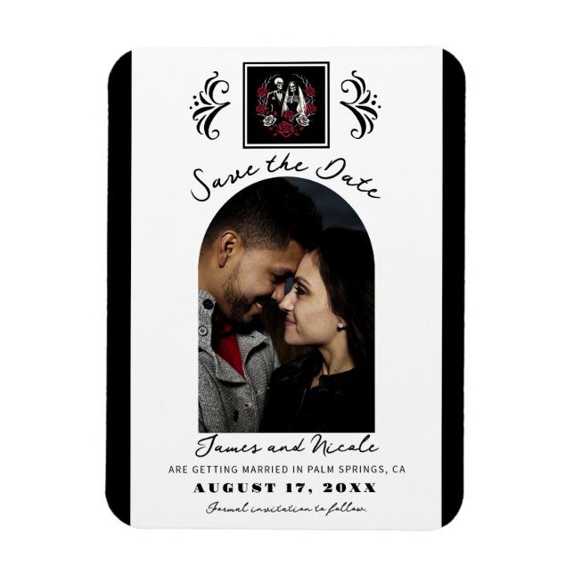 Red & Black White Roses Skeleton Save the Date Magnet (Vertical)