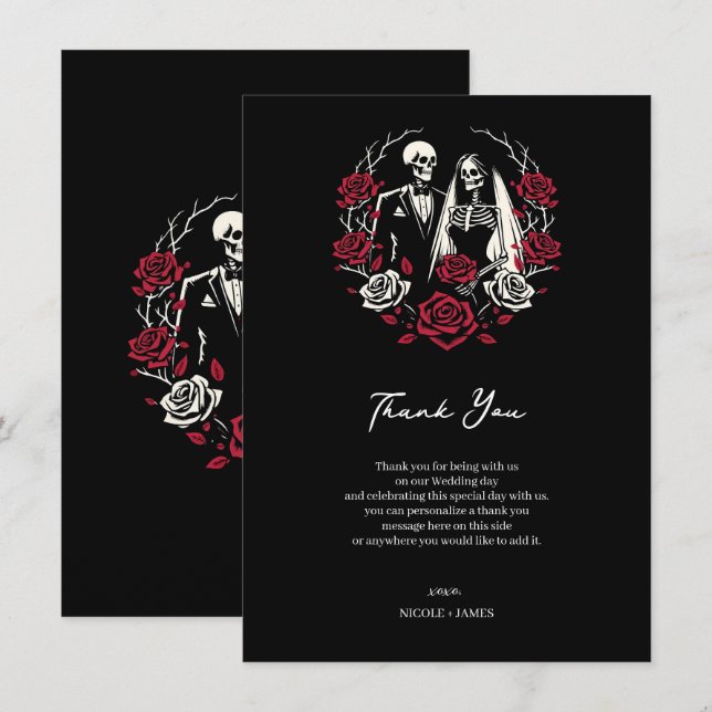 Red & Black White Roses Skeleton Wedding Thank You Invitation (Front/Back)