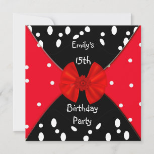 Red Black White Spot Invitation Cute Bow 15th