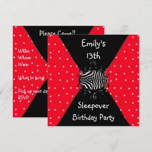 Red Black White Spots 13th Birthday Sleepover Invitation