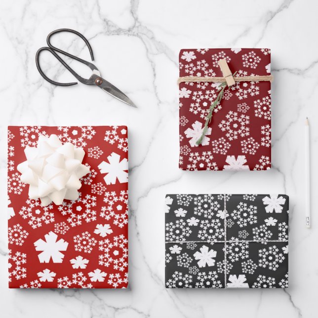 Red, Black & White Star & Snowflake Pattern Wrapping Paper Sheet (Front)