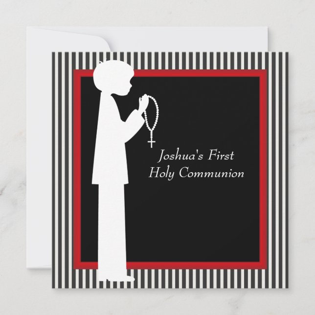 Red Black White Stripe Rosary Boys First Communion Invitation (Front)