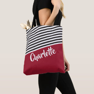 Red Black White Striped Pattern Personalised Name Tote Bag