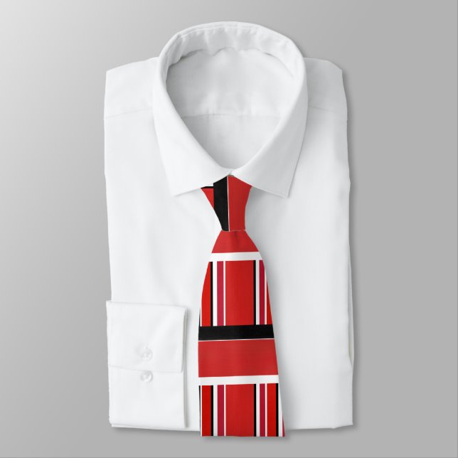 Red Black White Stripes Block Pattern Tie (Tied)