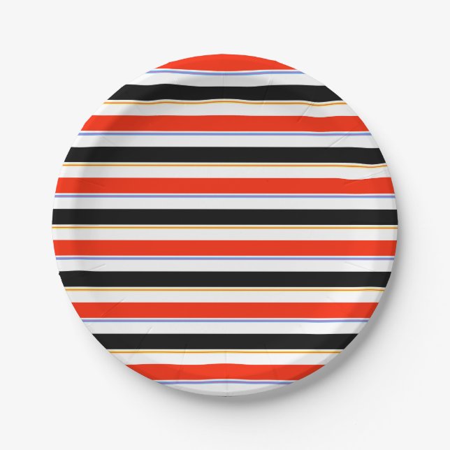 Red Black White Stripes Lines Pattern Design Paper Plate (Front)