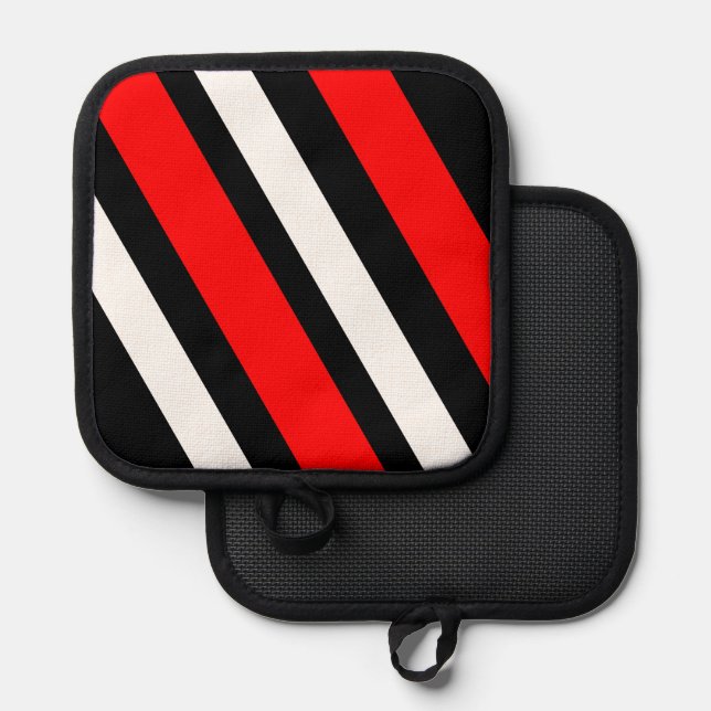 Red Black White Stripes Oven Mitt and Pot Holders (Front/Back)