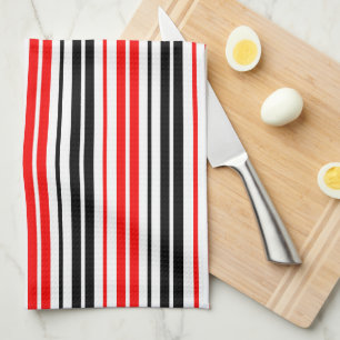 Red Black White Stripes Pattern Design  Tea Towel