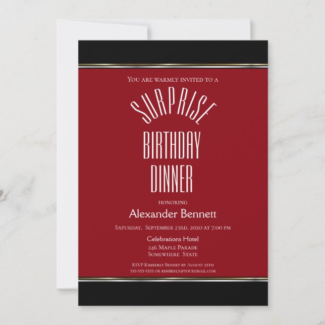 Red Black White Surprise Birthday Dinner Party Invitation (Front)