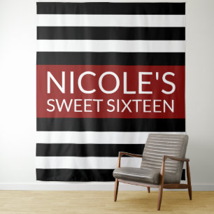 Red Black & White Sweet 16 Birthday Backdrop Tapestry