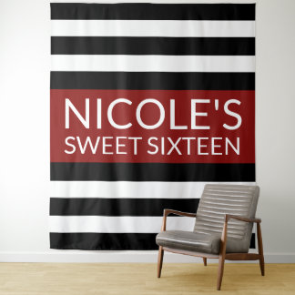Red Black & White Sweet 16 Birthday Backdrop Tapestry