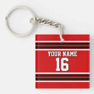 Red Black White Team Jersey Custom Number Name Key Ring