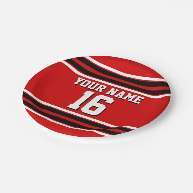 Red Black White Team Jersey Custom Number Name Paper Plate (Angled)