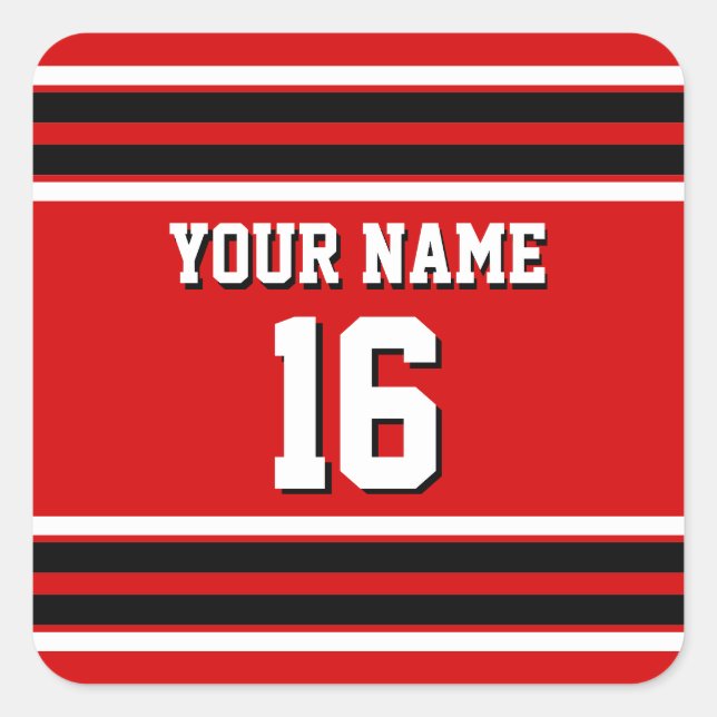 Red Black White Team Jersey Custom Number Name Square Sticker (Front)