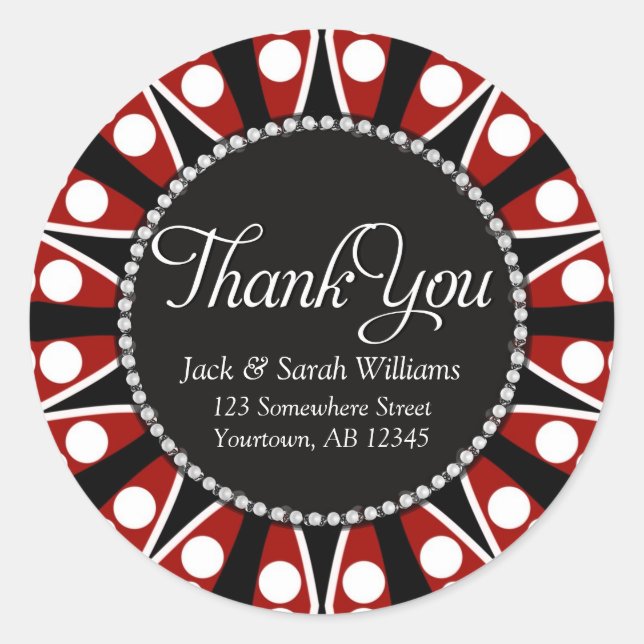 Red Black + White Thank You round Stickers (Front)