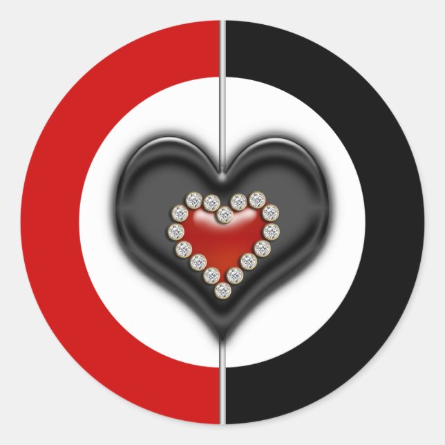 Red black white valentine heart classic round sticker (Front)