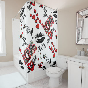 Red Black White Valentine Motif Shower Curtain