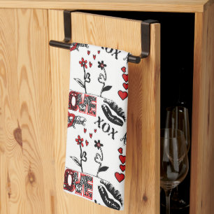 Red Black White Valentine Motif Tea Towel