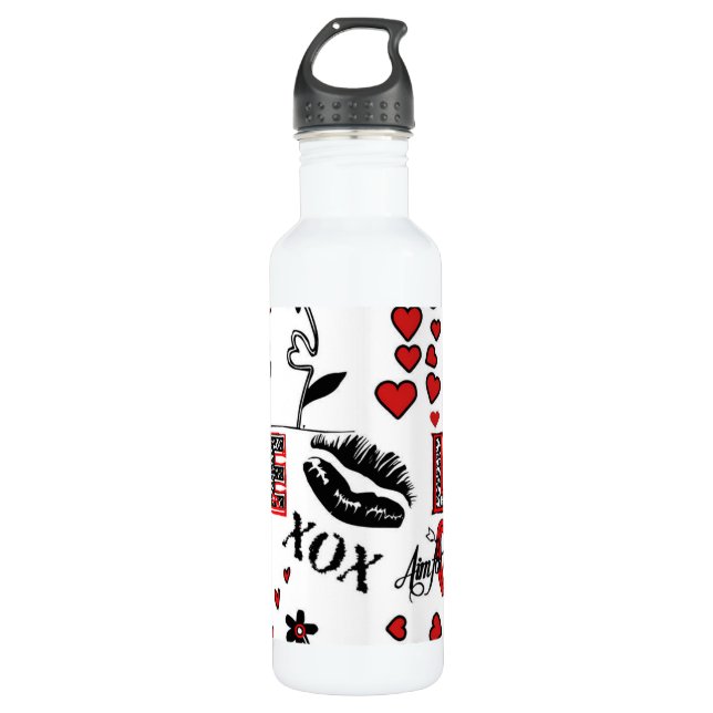 Red Black White Valentine Motif Water Bottle (Front)