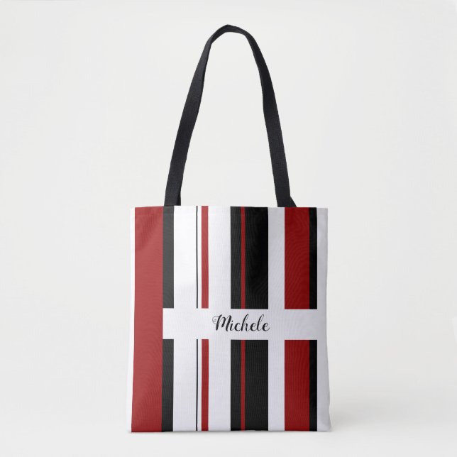 Red Black White Vertical Stripes | Personalise Tote Bag (Front)