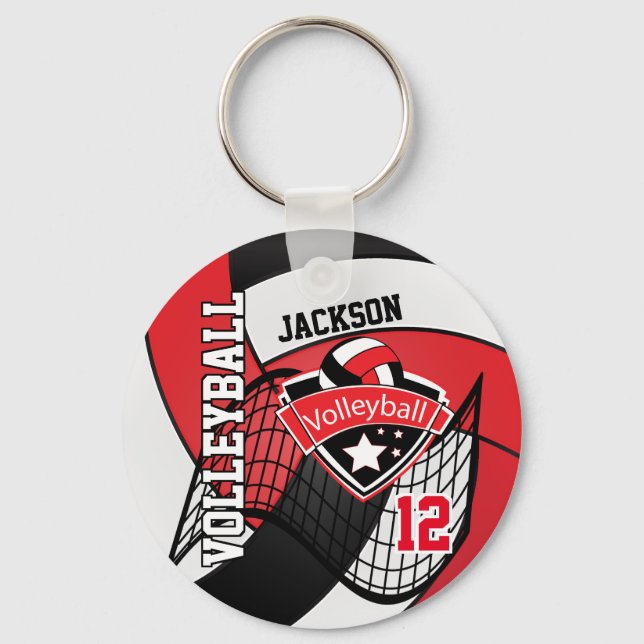 Red, Black & White Volleyball Design Key Ring (Front)
