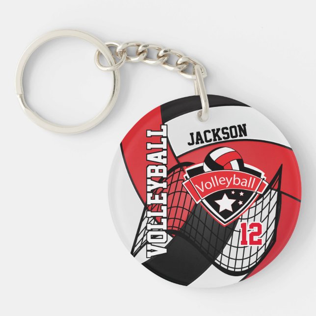 Red, Black & White Volleyball Design Key Ring (Front)
