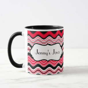 Red, Black, White Wavy Stripes Personalised Mug