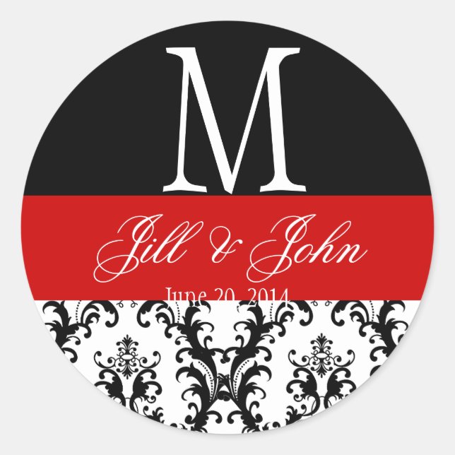 Red Black White Wedding Monogram Date Damask Seal (Front)