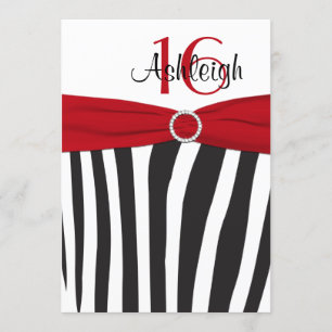 Red, Black, White Zebra 16th Birthday Invitation