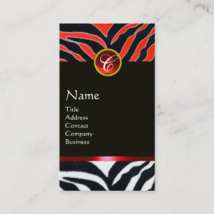 RED BLACK WHITE ZEBRA FUR MONOGRAM,Ruby Business Card