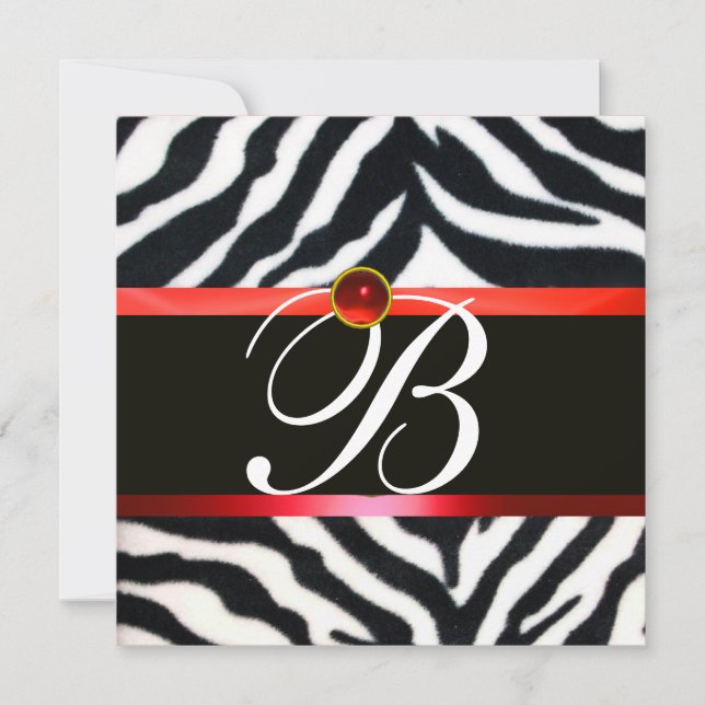 RED BLACK WHITE ZEBRA FUR MONOGRAM ,ruby gemstone Invitation (Front)