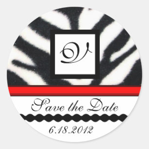 RED BLACK WHITE ZEBRA FUR MONOGRAM ,Save The Date Classic Round Sticker